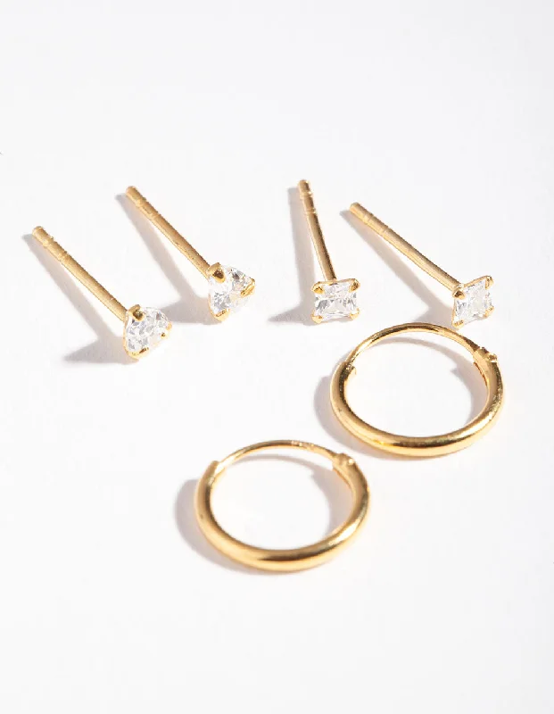 Women’s chunky earrings-Gold Plated Sterling Silver Cubic Zirconia Stud Hoop Earring Pack