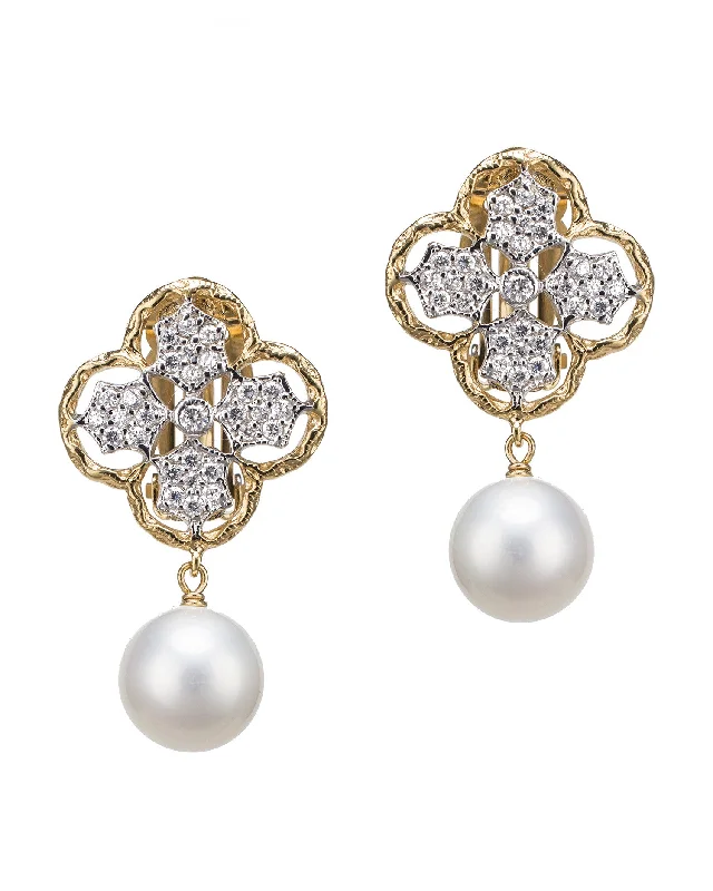 Women’s gold stud earrings-Classic Clover and Pearl Clip Earrings