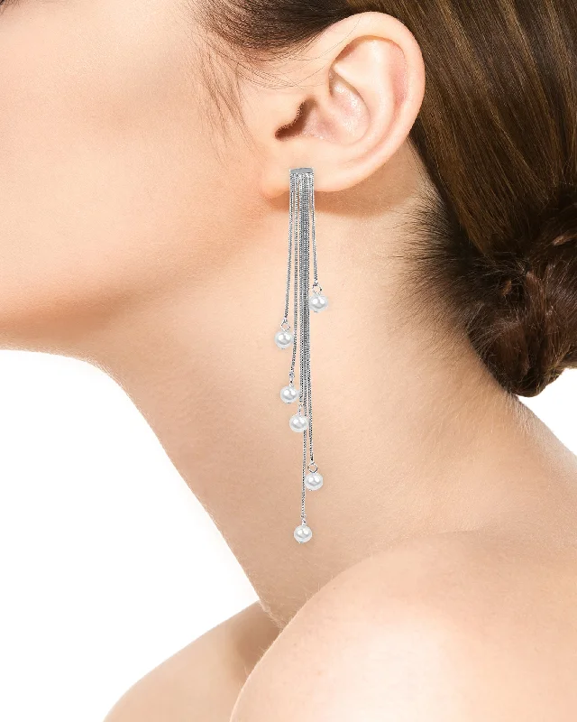 Women’s bridal diamond earrings-Pearl Shoulder Duster Earrings