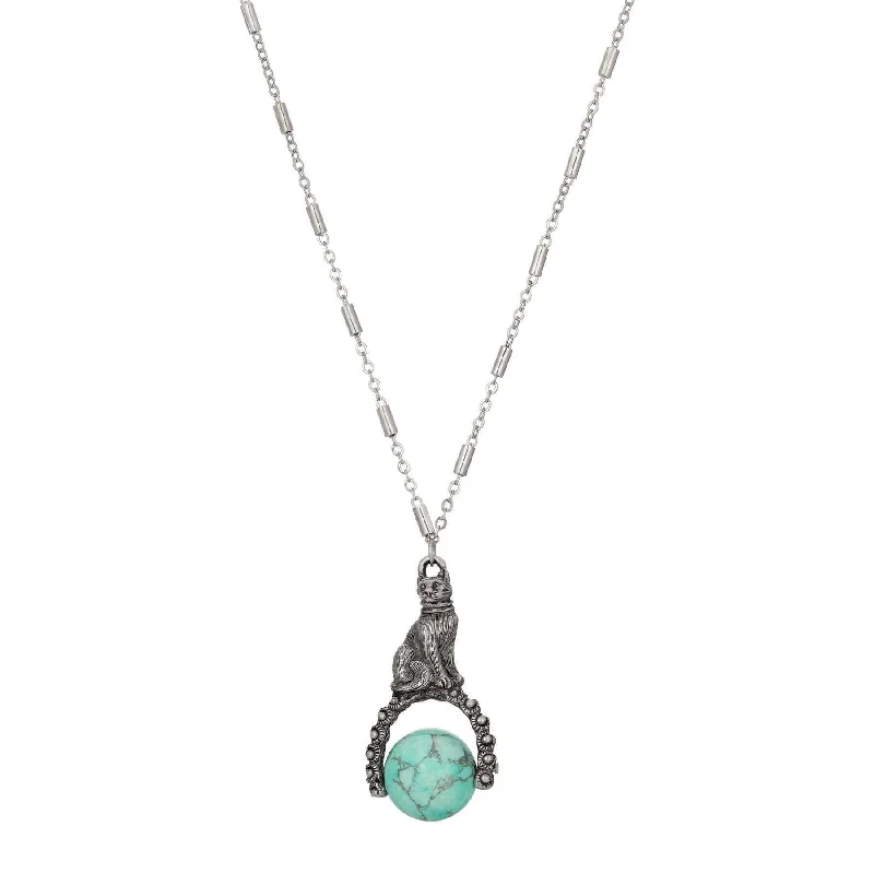 Women’s diamond necklaces-1928 Jewelry Cat & Turquoise Gemstone Spinner Pendant Necklace 28"