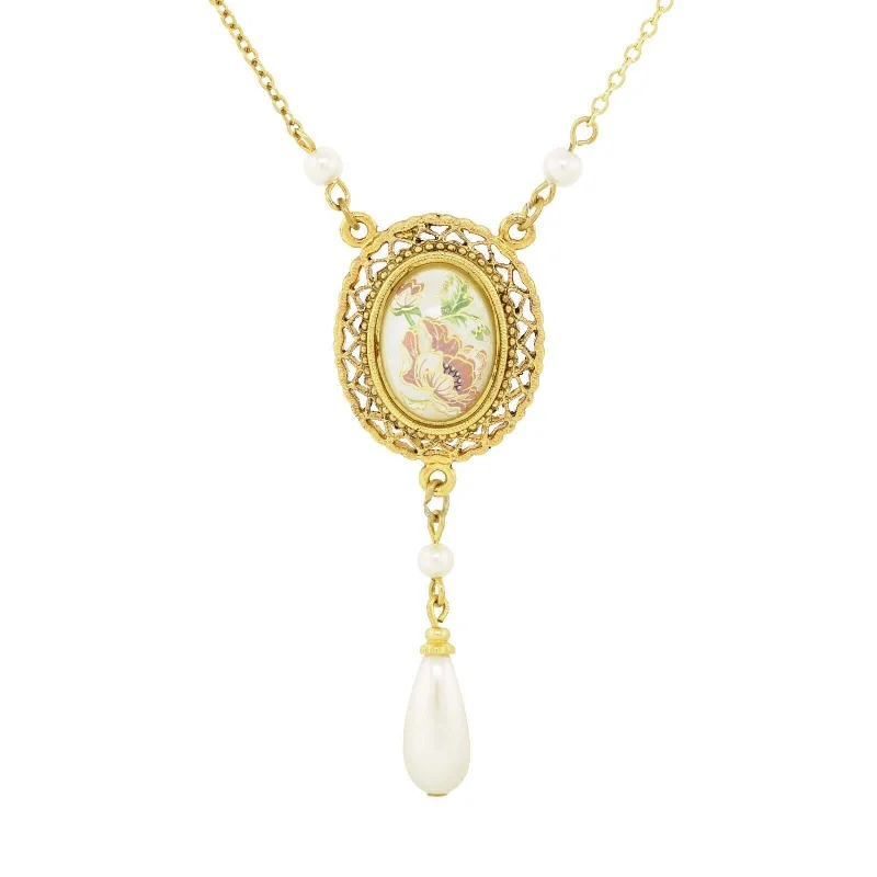 Women’s lockets necklaces-1928 Jewelry Oval Flower Decal Faux Pearl Teardrop Pendant Necklace 16" + 3" Extender