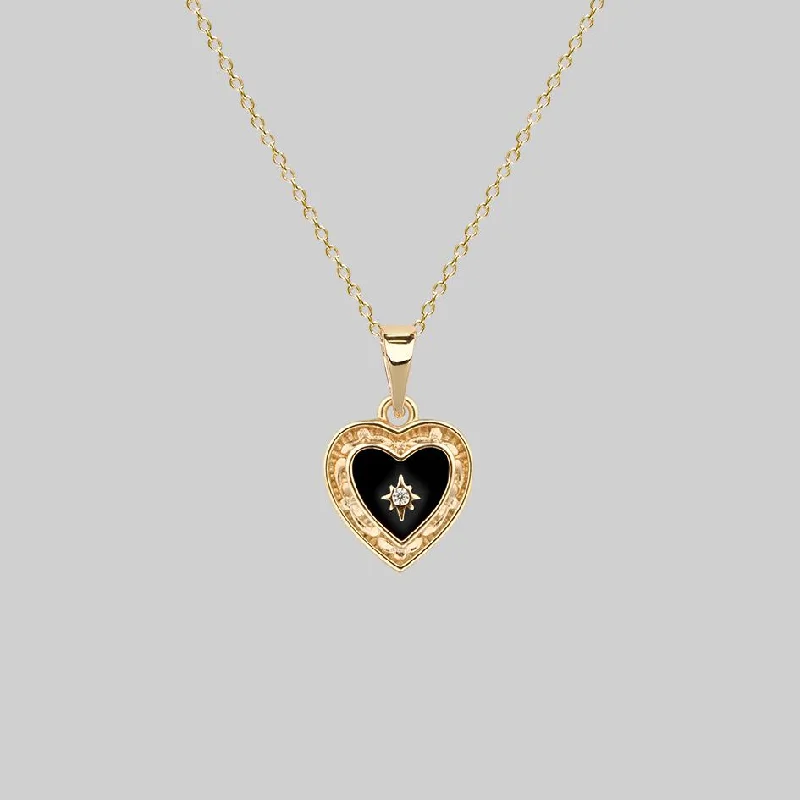 Women’s religious necklaces-SOLEMN. Black Enamel Heart Necklace - Gold