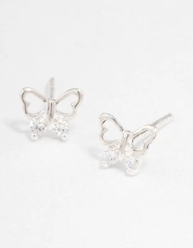 Women’s intricate design earrings-Sterling Silver Butterfly Cubic Zirconia Stud Earrings