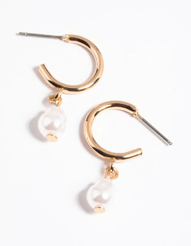 Women’s large earrings-Gold Pearl Drop Huggie Earrings