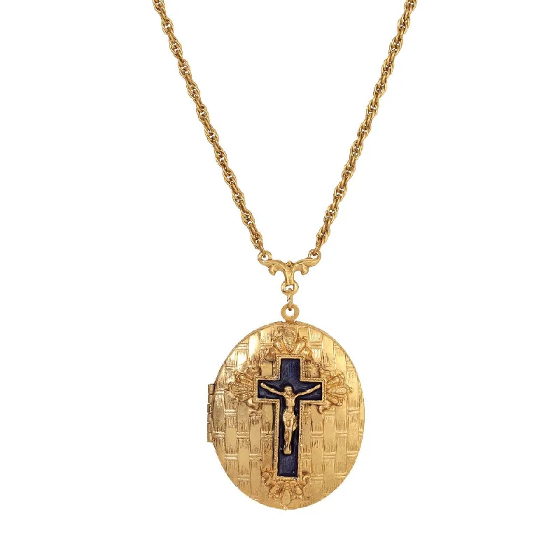 Women’s minimalist necklaces-Symbols Of Faith Blue Enamel Cross Textured Oval Locket Necklace 28"L