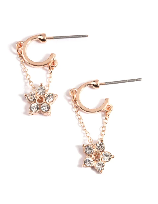 Women’s drop earrings-Rose Gold Diamante Flower Chain Huggie Earrings