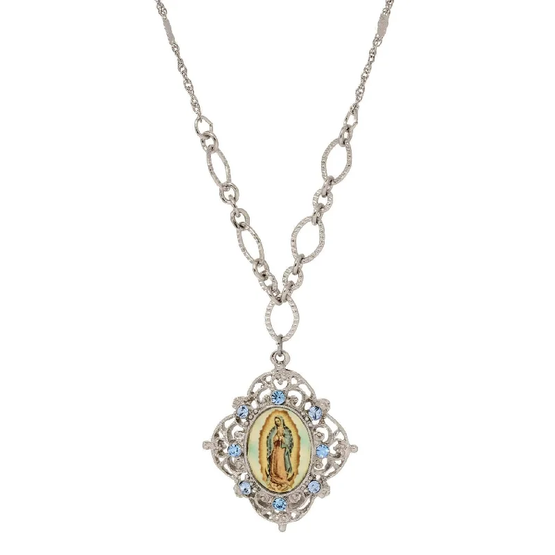 Women’s layered gold necklaces-Symbols Of Faith Light Sapphire Blue Crystal Our Lady Of Guadalupe Pendant Necklace 18"L