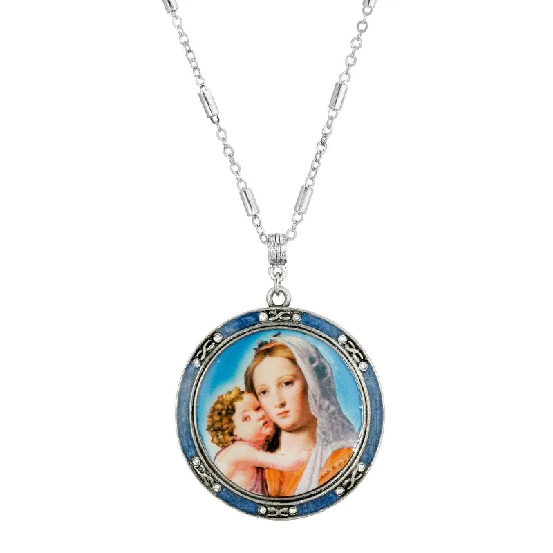 Women’s heart-shaped necklaces-Symbols Of Faith Round Blue Enamel Mary and Child Decal Pendant Necklace 30"