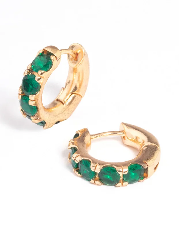 Women’s oversized earrings-Gold Green Stone Thick Huggie Earrings