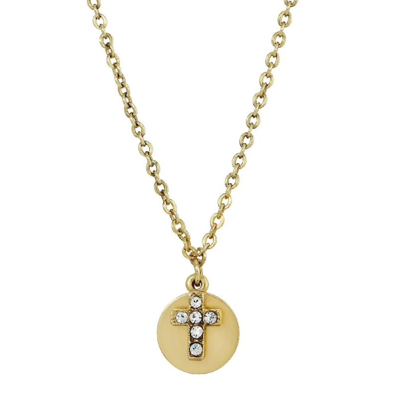 Women’s herringbone necklaces-Symbols of Faith Crystal Cross Round Disc Pendant Necklace 16" + 3" Extender