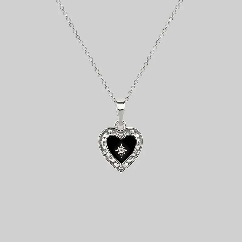 Women’s elegant necklaces-SOLEMN. Black Enamel Heart Necklace - Silver