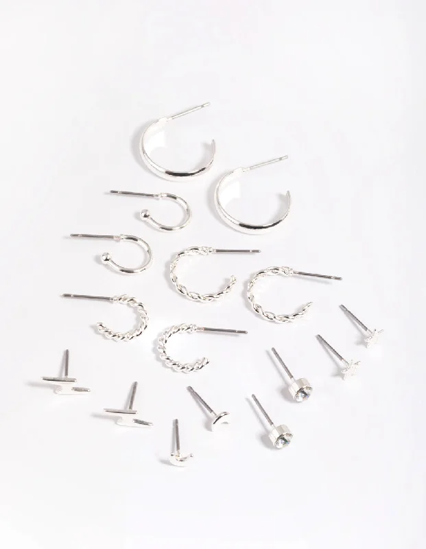 Women’s geometric earrings-Silver Celestial Stud & Hoop Earring 8-Pack