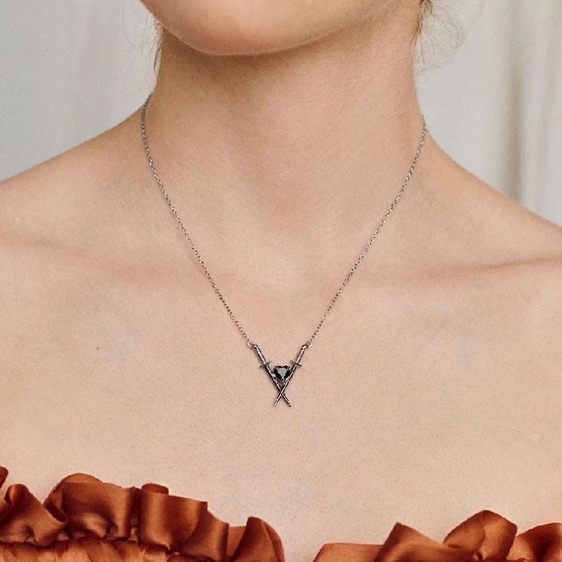 Women’s pendant choker necklaces-ABJURE. Crossed Swords & Onyx Heart Necklace - Silver