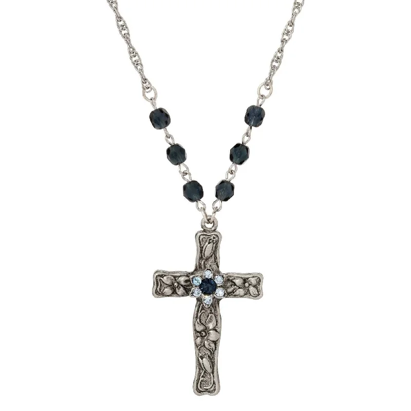 Women’s matching necklaces-Symbols Of Faith Floral Blue Crystal Cross Pendant Necklace 28"L