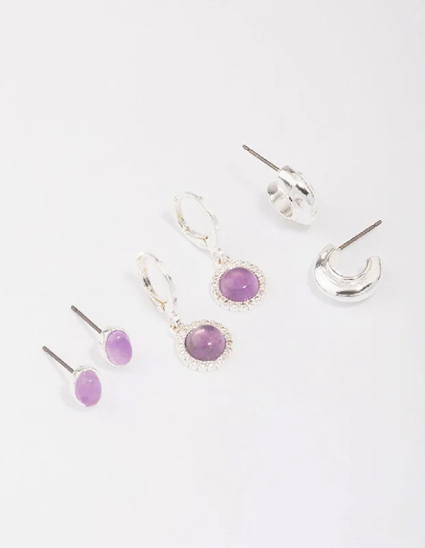 Women’s multi-layer earrings-Silver Plated Round Amethyst Earring 3-Pack