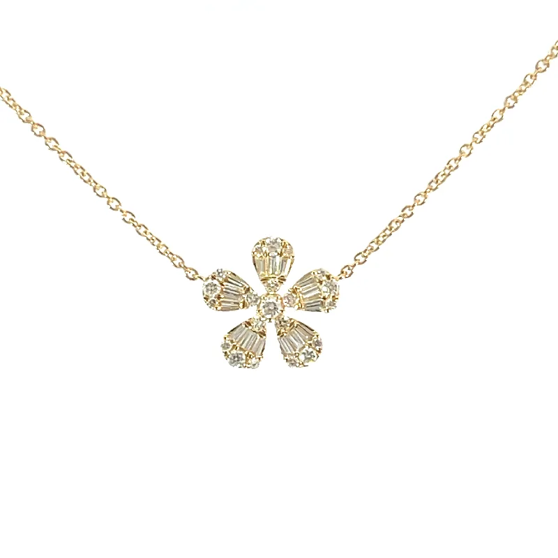 Women’s baroque necklaces-Small Solo Baguette & Round Diamond Flower Necklace