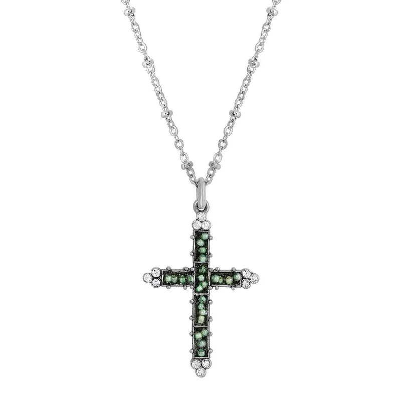 Women’s tropical necklaces-Symbols Of Faith Glass Turquoise Seeded Bead Cross Pendant Necklace 16" + 3" Extender