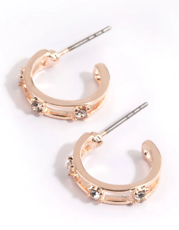 Women’s chunky earrings-Rose Gold Diamante Huggie Hoop Earrings