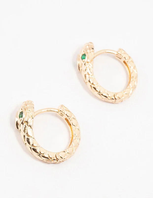 Women’s celestial earrings-Gold & Green Cubic Zirconia Serpent Huggie Earrings