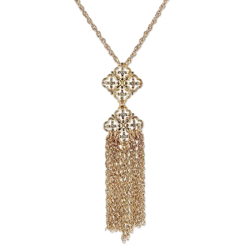 Women’s gold necklaces-2028 Jewelry Gold Tassel Fringe Fleur De Lis Necklace 18"