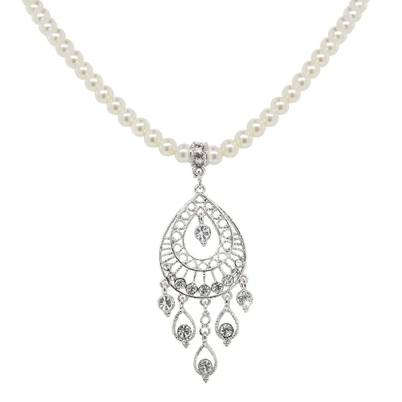 Women’s celebrity style necklaces-1928 Bridal Crystal Filigree Drop On 6mm Faux Pearl Strand Pendant Necklace 15"