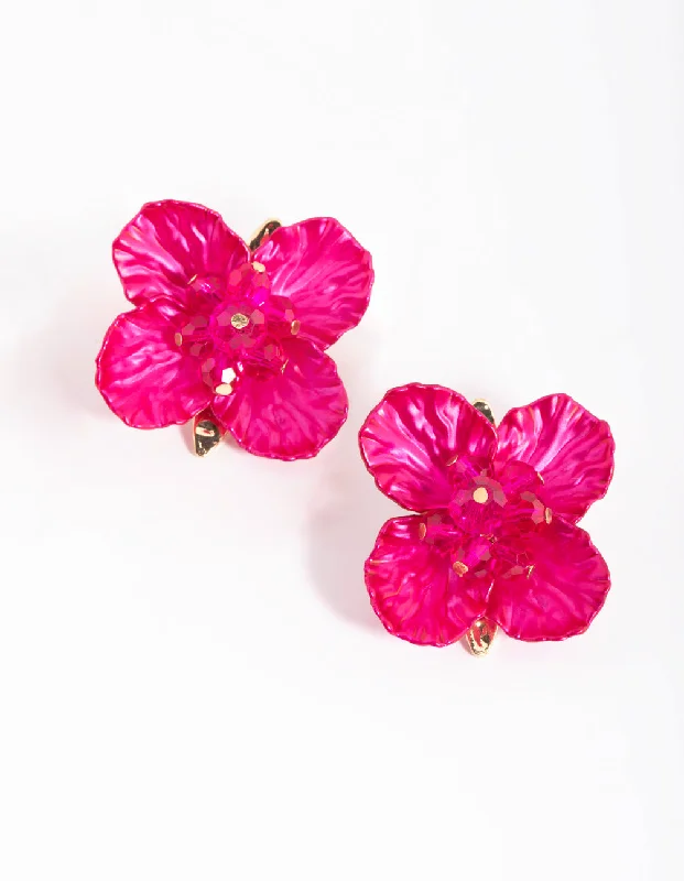 Women’s celestial earrings-Fuchsia Pearlised Flower Stud Earrings