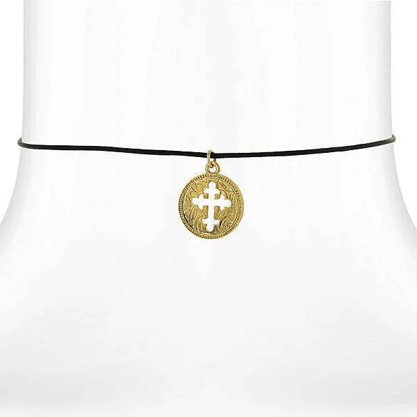 Women’s luxury necklaces-Symbols Of Faith Gold Budded Cross Pendant Black Satin Cord Necklace 14" + 3" Extender