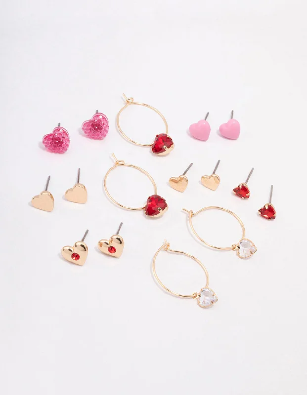 Women’s moon earrings-Gold Mixed Heart Earring 8-Pack