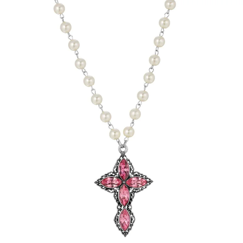 Women’s matching necklaces-1928 Jewelry Pewter Navette Crystal And 8mm Faux Pearl Cross Pendant Necklace 16" + 3" Extender