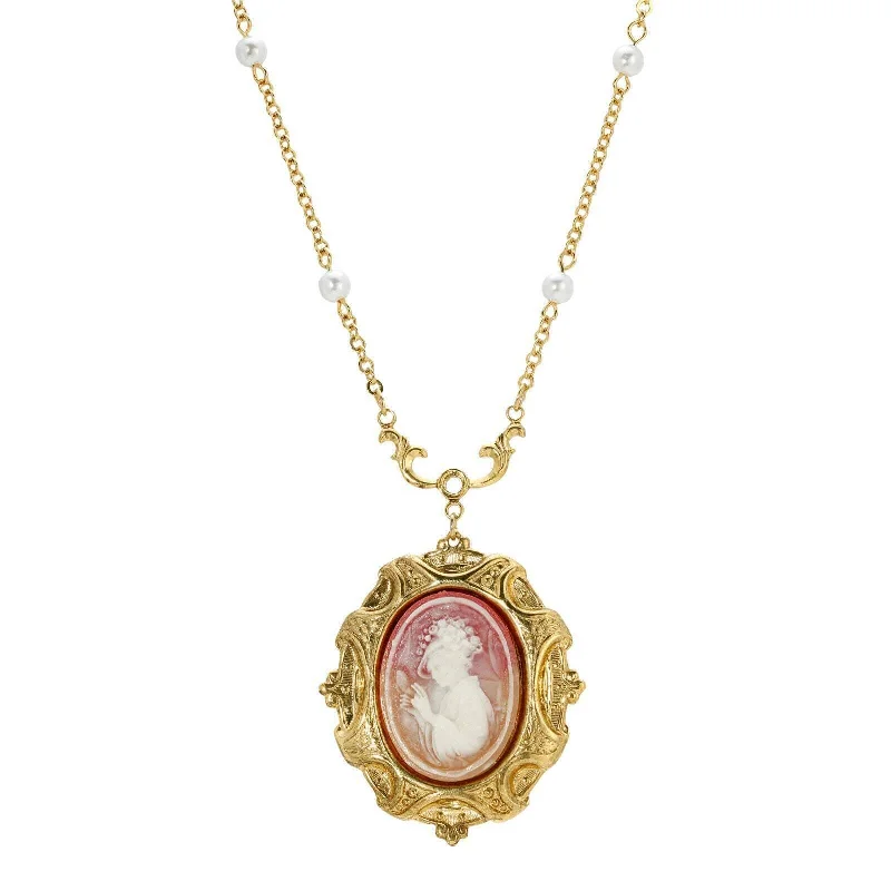 Women’s antique necklaces-1928 Jewelry Victorian Reflections Carnelian & Ivory Cameo Pendant Faux Pearl Necklace 16" + 3" Extender