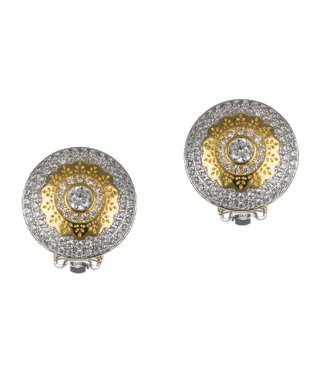 Women’s gold stud earrings-Pave CZ Button Clip Earrings