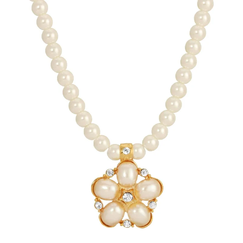 Women’s gold necklaces-1928 Jewelry Star Flower 6mm Faux Pearl Strand Pendant Necklace 15" + 3" Extender