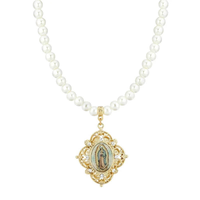 Women’s baroque necklaces-Symbols Of Faith White 6mm Faux Pearl Strand Virgen De Guadalupe Pendant Necklace 15" + 3" Extender