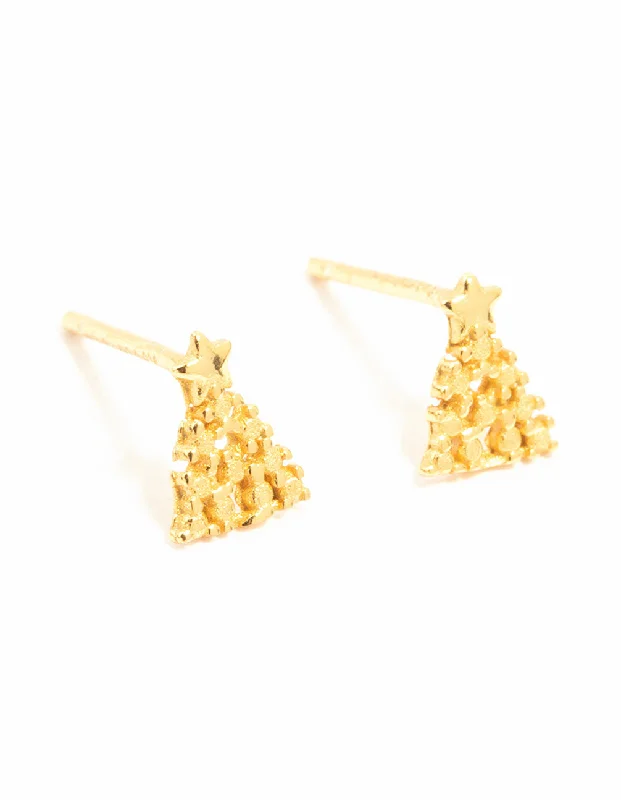 Women’s star earrings-Gold Plated Sterling Silver Christmas Tree Stud Earrings