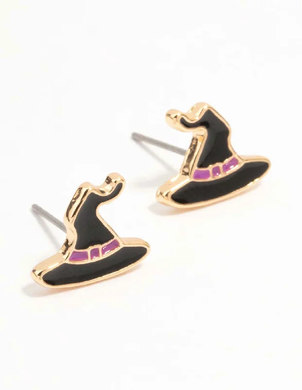 Women’s subtle earrings-Black Witch Hat Stud Gold Earrings