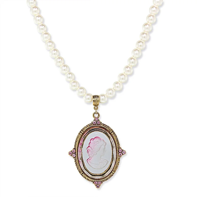 Women’s infinity necklaces-1928 Jewelry Crystal Oval Glass Intaglio 8mm Faux Pearl Strand Pendant Necklace 18"