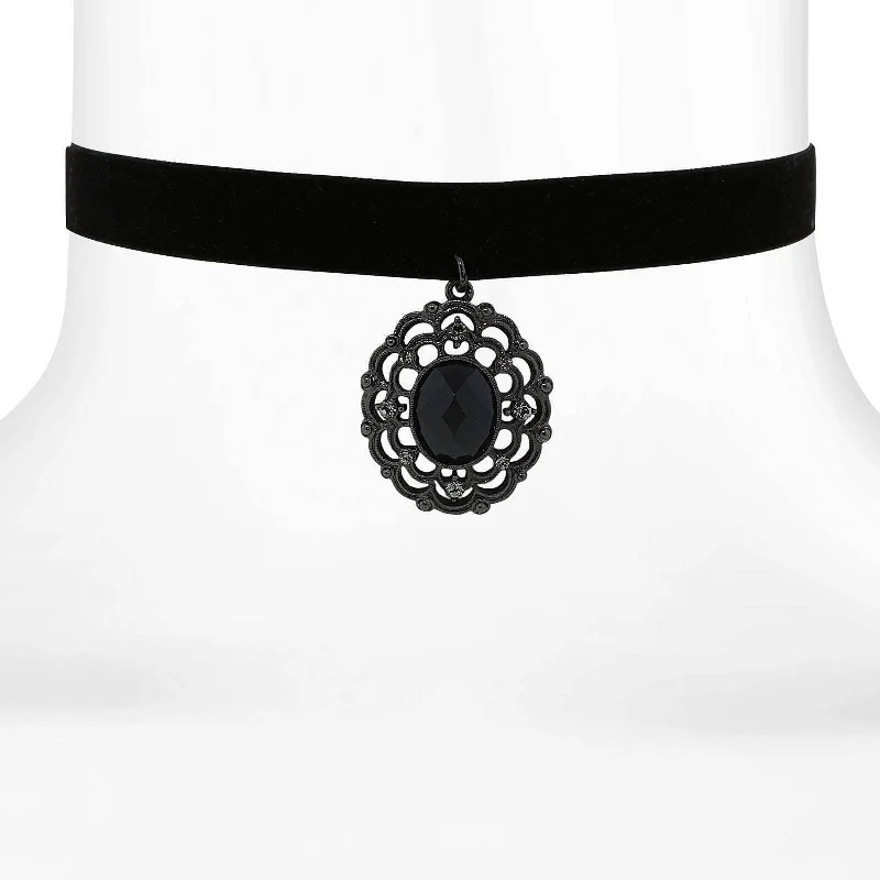 Women’s tropical necklaces-1928 Jewelry Black Velvet Choker With Large Filigree Crystal Accent Pendant Necklace