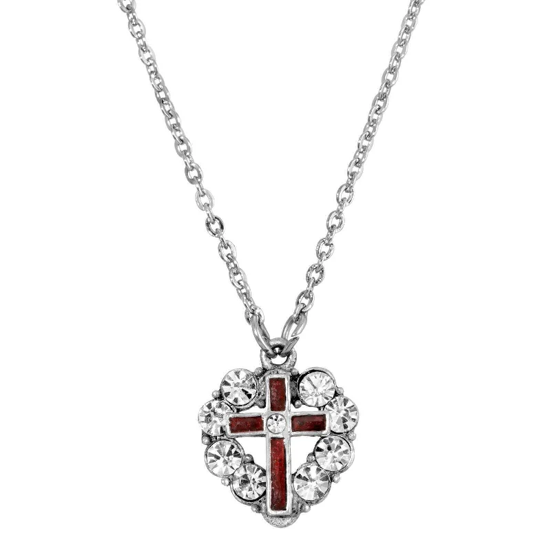 Women’s layered charm necklaces-Symbols Of Faith Pewter Blue Enamel Cross Crystal Heart Pendant Necklace 16" + 3" Extender