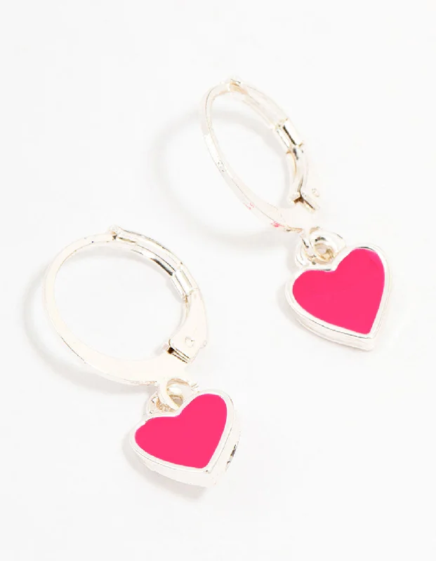 Women’s huggie earrings-Pink Silver Drop Heart Huggie Earrings