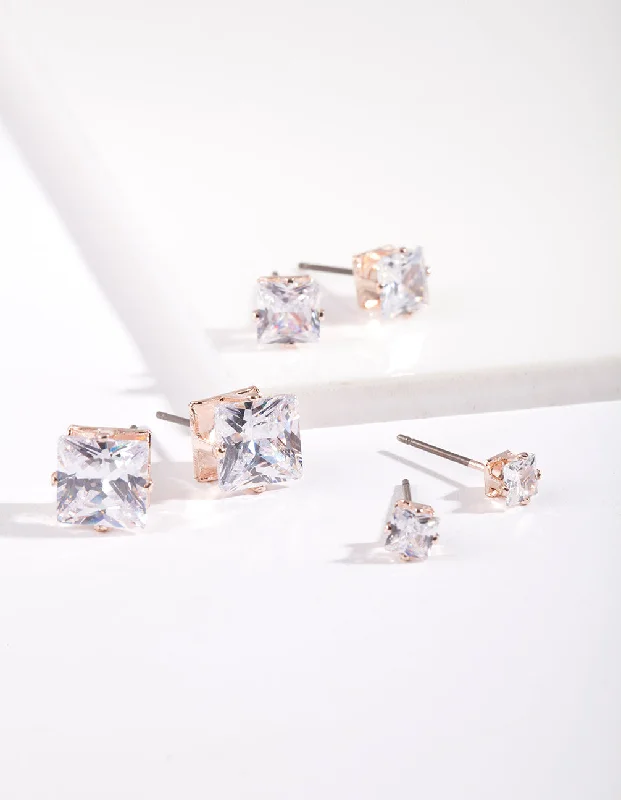 Women’s zodiac earrings-Rose Gold Graduated Princess Cut Diamante Stud Earring Pack