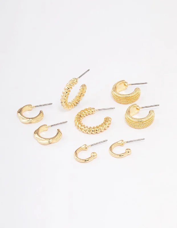 Women’s luxury gold earrings-Gold Plated Textured Chunky Hoop Earrings 4-Pack