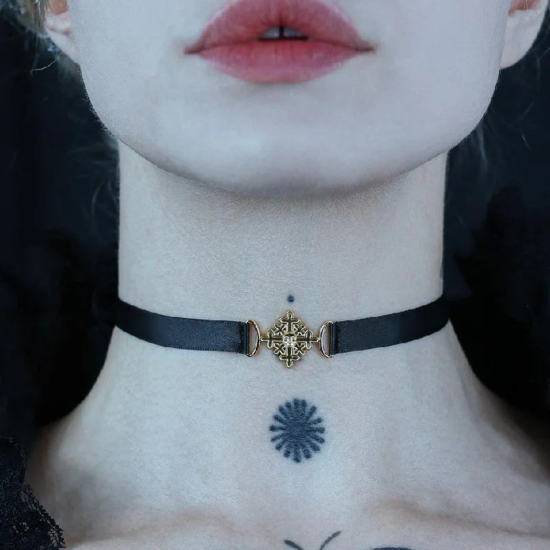 Women’s unique pendant necklaces-BODICE. Skull & Cross Satin Choker - Gold