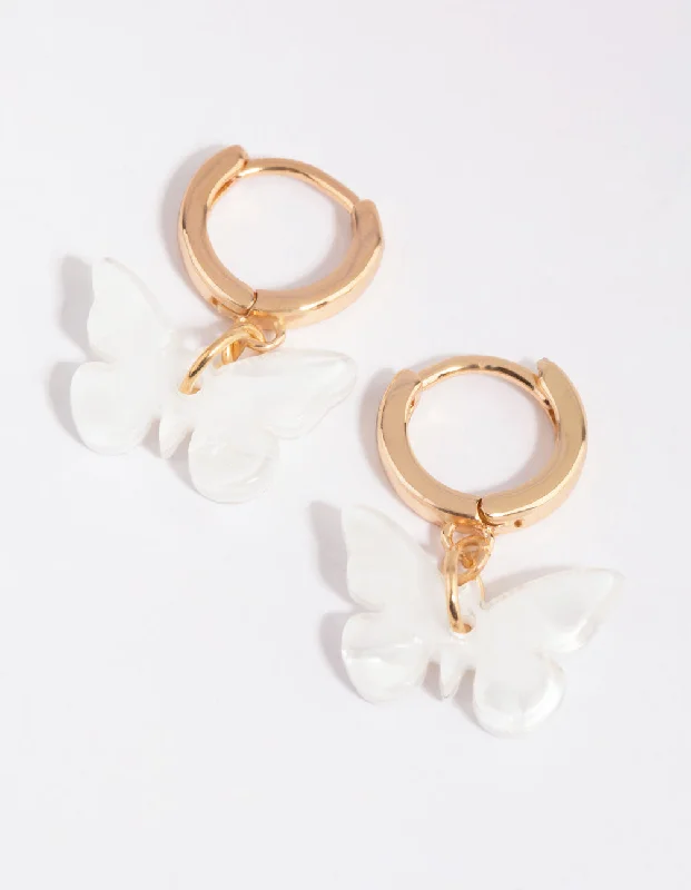 Women’s silver hoop earrings-Gold & White Acrylic Butterfly Huggie Earrings