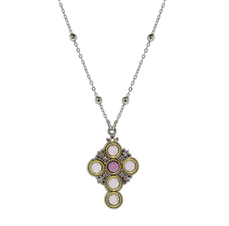 Women’s wedding necklaces-Symbols Of Faith Pewter Cross Chain Light & Dk Purple Round Crystals Pendant Necklace 16" + 3" Extender