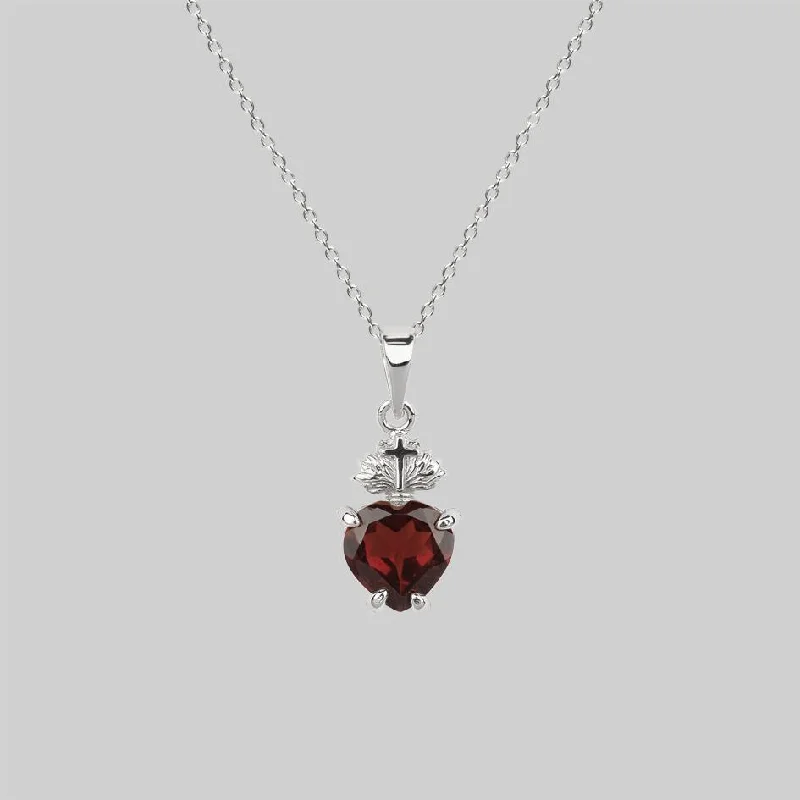 Women’s charm necklaces-The Sacred Heart Garnet Necklace - Silver