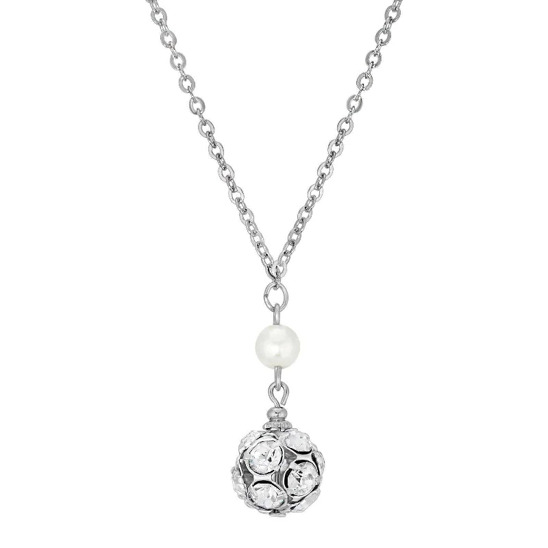 Women’s oversized necklaces-1928 Jewelry White Faux Pearl And Crystal Fireball Drop Necklace 16" + 3" Extender