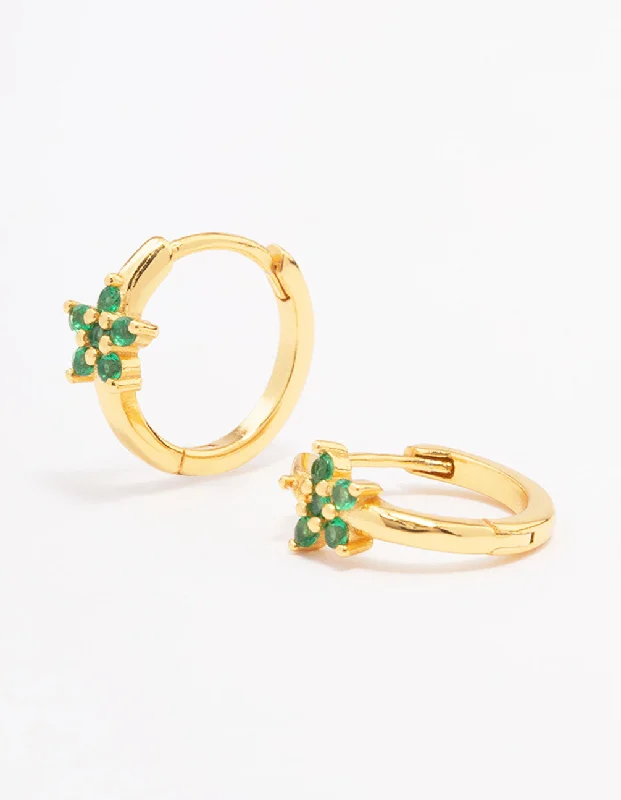 Women’s gold hoop earrings-Gold Plated Sterling Silver Cubic Zirconia Flower Huggie Earrings