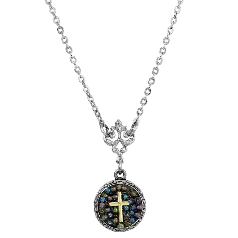 Women’s baroque necklaces-Symbols Of Faith Purple Seeded Beads Cross Round Pendant Necklace 16" + 3" Extender