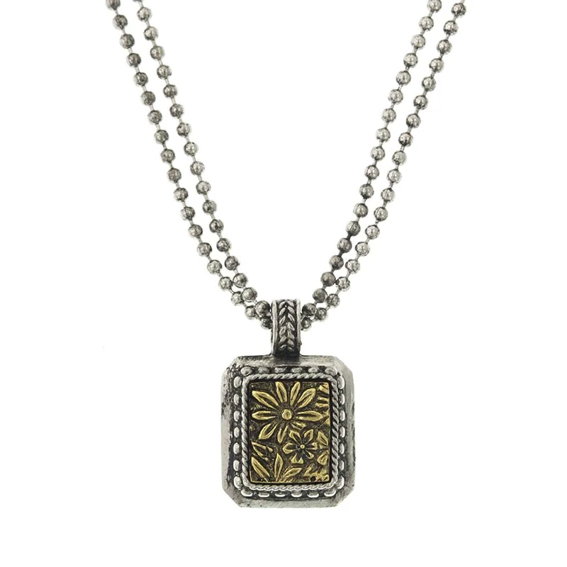 Women’s layered silver necklaces-1928 Jewelry Two Tone Square Flower Pendant Necklace 16" + 3" Extender