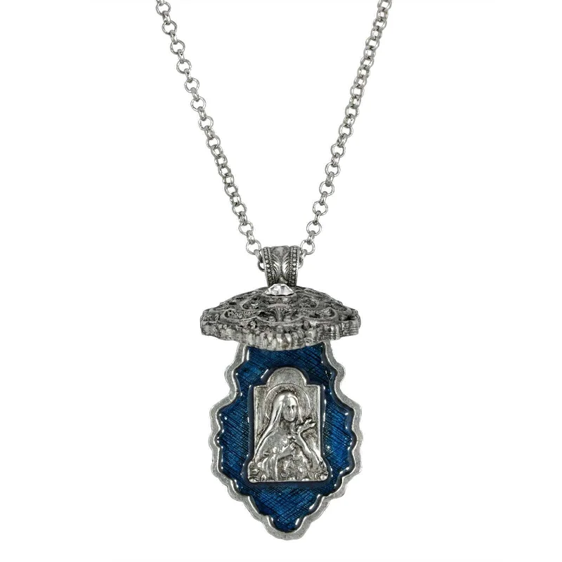 Women’s elegant necklaces-Symbols Of Faith Round Crystal Blue Enamel Saint Therese of Lisieux Reliquary Necklace 28"